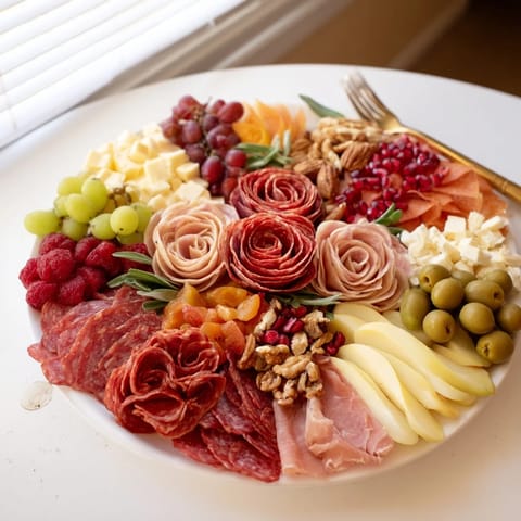 Holiday appetizers: A close-up of the beautiful charcuterie meat rose arrangement with cheeses.