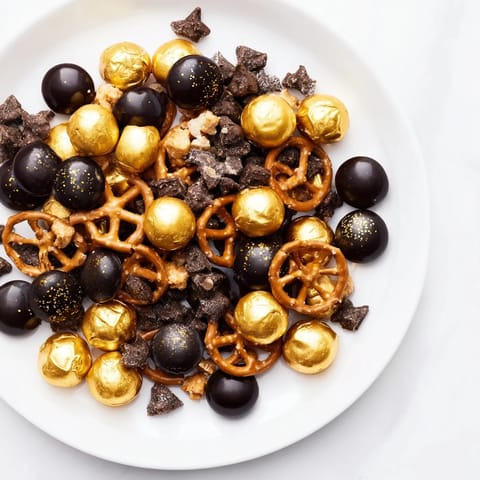A bowl of delicious Gold and Black Midnight Snack Mix with a sweet, salty, and crunchy bite.