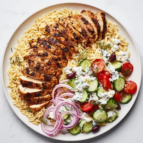 These bright Greek Chicken Gyro Pasta Bowls feature colorful tomatoes, fresh herbs, and savory marinated chicken.