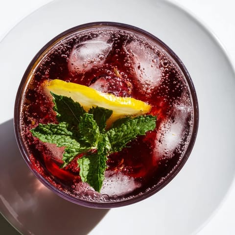 Refreshing Sleepy Girl Cherry Mocktail, garnished with mint and lemon, ideal for a relaxing evening beverage.