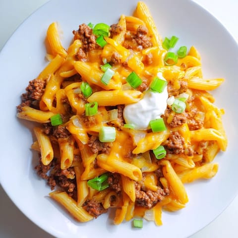 Savory One-Pot Taco Pasta simmers with ground beef and tomatoes, ready to be served hot.