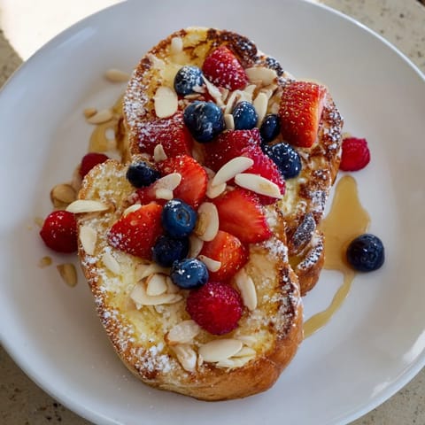 Warm, custardy center of Custard Toast, topped with berries and drizzled with honey, ready to enjoy.