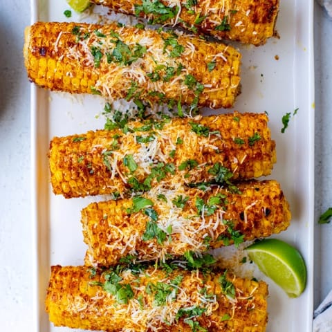 Freshly roasted Cheesy Corn Ribs topped with bubbly cheese and a sprinkle of smoked paprika, served on a white platter.