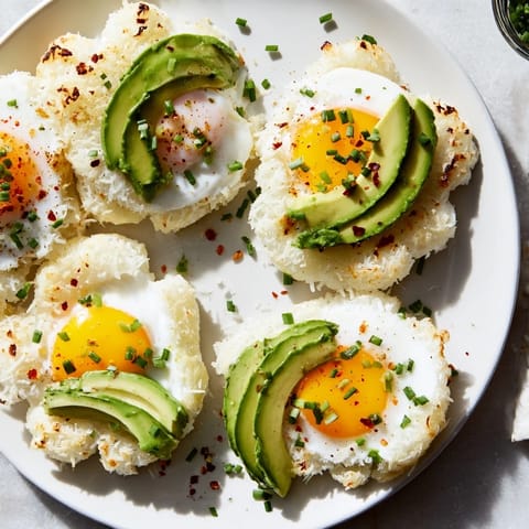 The golden Cloud Bread Breakfast Clouds feature a delicate poached egg, ripe avocado, and fresh chives.