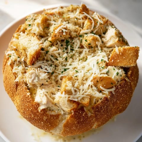 A close-up of a rustic bread bowl filled with rich chicken Alfredo, perfect for a comforting dinner.