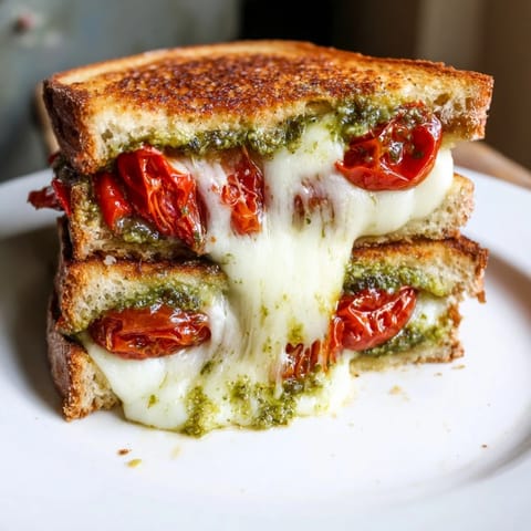 Fresh basil pesto and caramelized tomatoes add vibrant flavor to this comforting Roasted Tomato Pesto Grilled Cheese served on rustic bread.