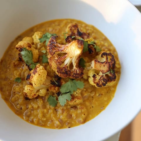 A vibrant plated meal featuring creamy red lentil dhal topped with golden, aromatic cumin-roasted cauliflower florets.