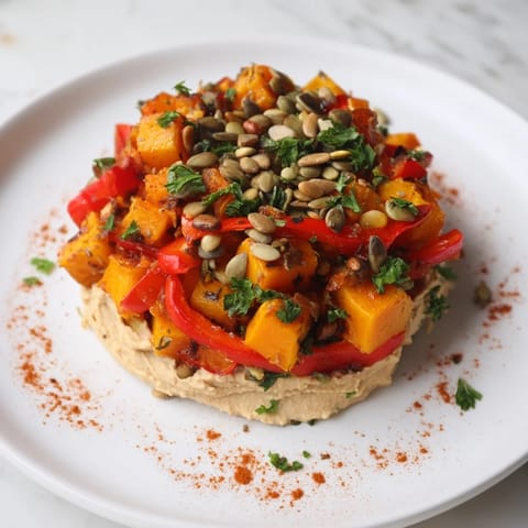 Golden roasted butternut squash, sweet potatoes, and red bell peppers are arranged over a creamy butter bean hummus, topped with toasted seeds and fresh parsley in this vibrant winter salad.
