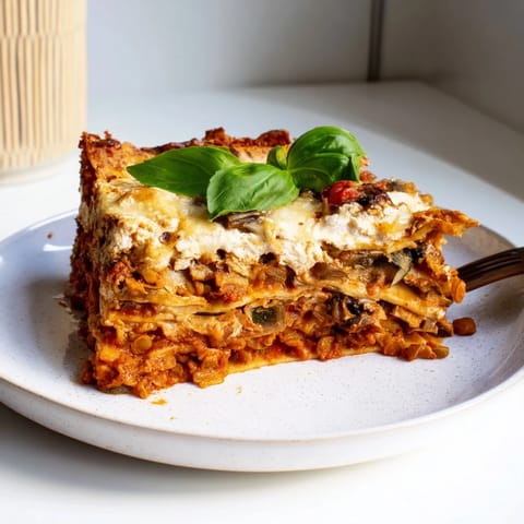Hearty, bubbling One-Pan Smoky Veggie Lentil Lasagne on a cozy dinner table.