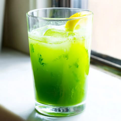 Blender pouring the bright green Celery Ginger Lemon Juice into a chilled glass over ice, highlighting its smooth, pulp-free texture.