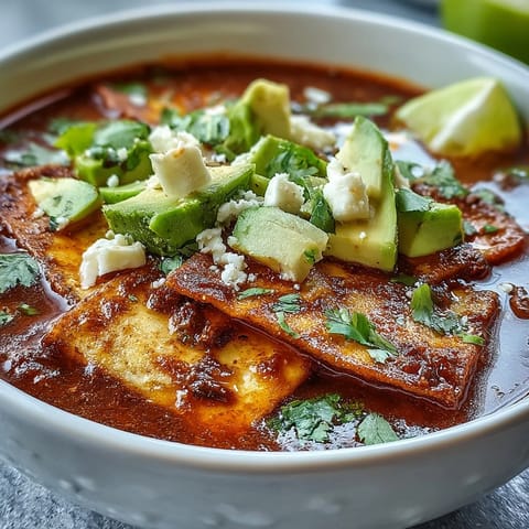 Ladle of rich Sopa Azteca broth topped with panela cheese and fresh cilantro.