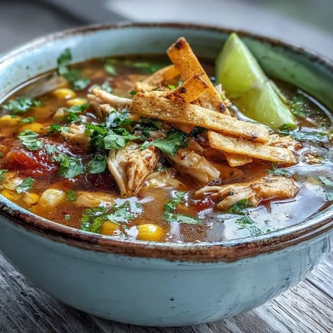 A hearty bowl of the Best Chicken Tortilla Soup is topped with melted cheese and fresh cilantro.