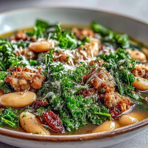 Hot Italian White Bean Soup with Kale and Sausage served in a rustic mug, garnished with grated Parmesan and a spoonful of greens.