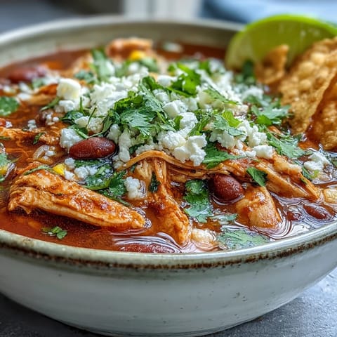 A ladle lifts a savory portion of Chicken Tortilla Soup revealing tender chicken, red bell peppers, and corn kernels.