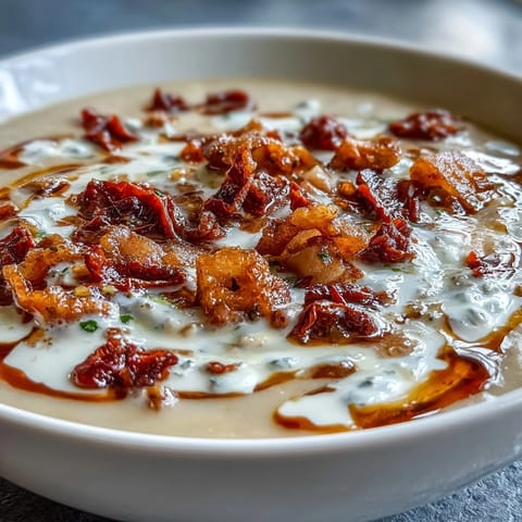 A bowl of creamy Tuscan white bean soup topped with crispy pancetta, fresh basil, and a Parmesan garnish.