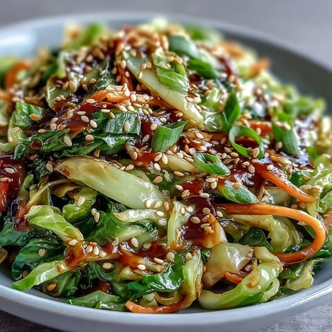 A wok of sizzling Hot and Sour Cabbage garnished with scallions and sesame seeds, perfect served alongside steamed rice for a quick meal.  