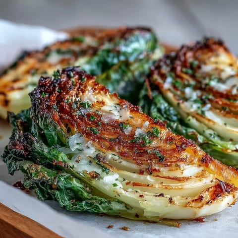 Savory Roasted Garlic Parmesan Cabbage Wedges plated beside grilled chicken, highlighting tender, cheesy layers. 
