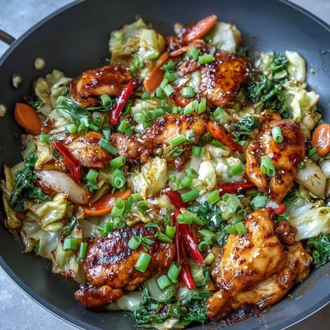 A vibrant serving of Chicken Cabbage Stir-Fry topped with green onions, perfect alongside steamed jasmine rice.