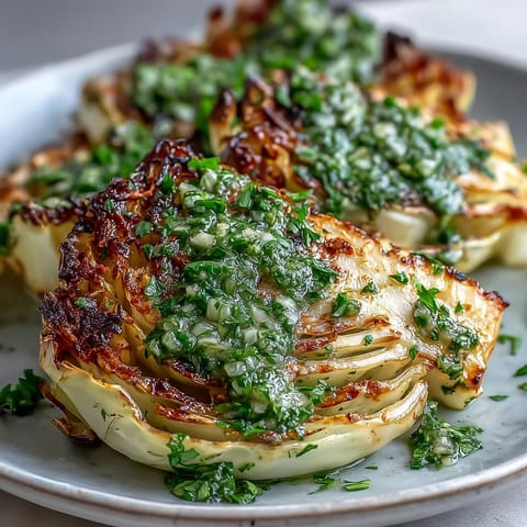 Cabbage steaks with jalapeño chimichurri served as a vibrant vegan main or side.  
