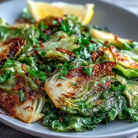 Tender cabbage with paprika and cumin, garnished with parsley and lemon wedges.