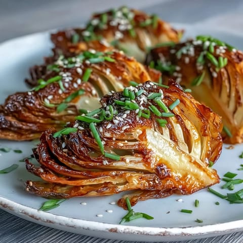 Golden Miso Butter Roasted Cabbage Wedges with toasted sesame seeds and scallions on a white platter.