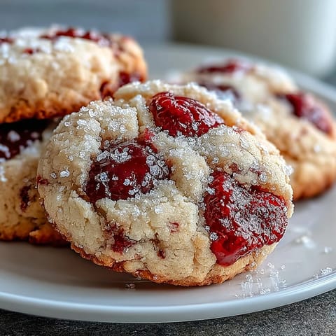 Soft Chewy Raspberry Sugar Cookies with a sparkling sugar crust and bright berry bursts on a cooling rack.