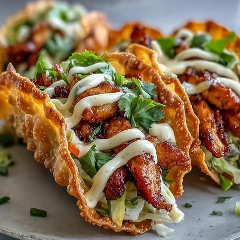 Twelve Crispy Chicken Wonton Tacos arranged on a platter with lime wedges and fresh cilantro garnish.