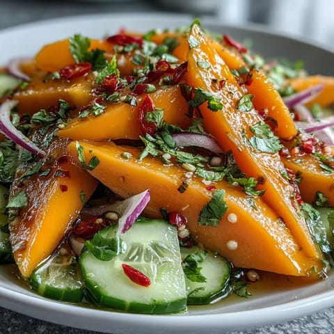 This refreshing mango salad rests in a white shallow bowl, garnished with extra cilantro leaves and a lime wedge, ideal for a vibrant gluten-free lunch or light dinner.