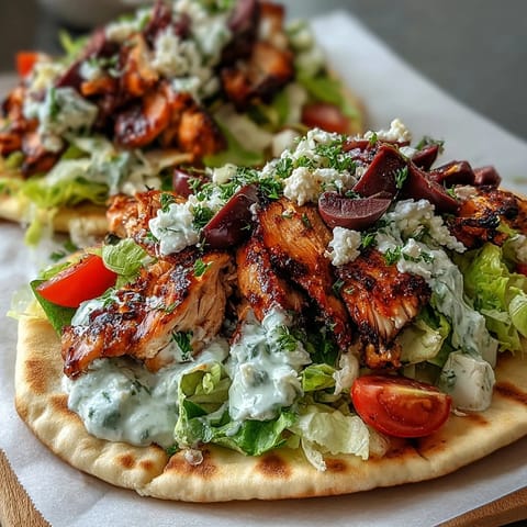 Freshly grilled Mediterranean Chicken Gyros with Creamy Feta Tzatziki served on fluffy pita bread with red onion slices and lemon wedges.