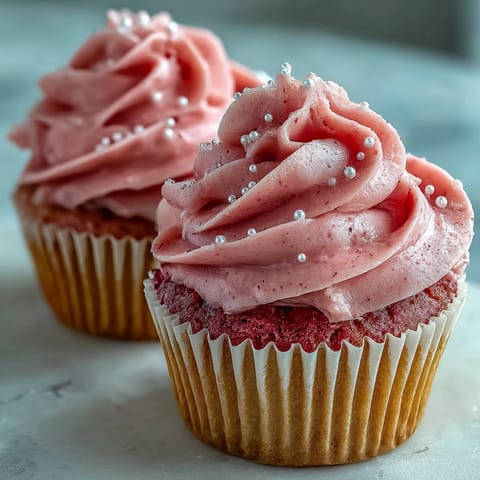 Freshly frosted Pink Velvet Cupcakes with Vanilla Buttercream Frosting are swirled high on a cooling rack.