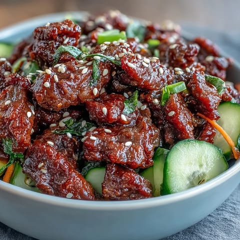Sizzling Easy Korean Beef Bowl with spicy gochujang sauce, sesame seeds, and vibrant julienned carrots and cucumbers.