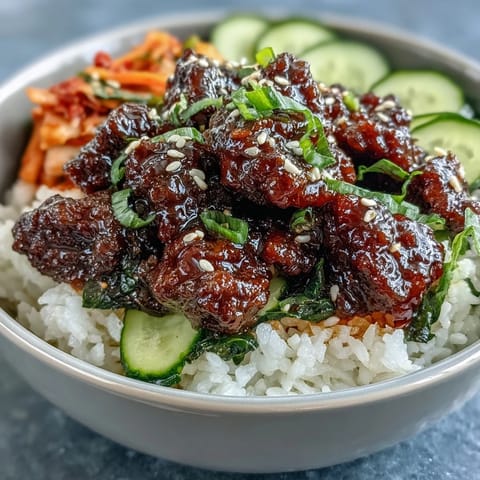 Freshly cooked Korean Ground Beef Bowl with gochujang glaze, rice, and colorful vegetables.