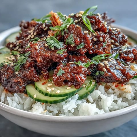 A warm Korean Ground Beef Bowl topped with sesame seeds, kimchi, and crisp veggies.