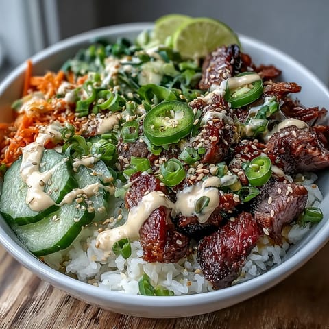 A freshly assembled Korean Beef Power Bowl with sliced jalapeños, cucumber, and a drizzle of creamy sriracha mayo.