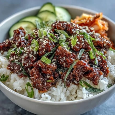 A close-up of a Korean Beef Bowl, featuring ground beef in a glossy red gochujang sauce atop fluffy white rice with crisp cucumber and quick-pickled carrots.