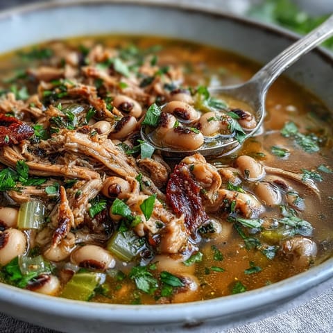 Tender Classic New Years Black-Eyed Peas simmered with smoked pork and Creole spices in a rich broth.