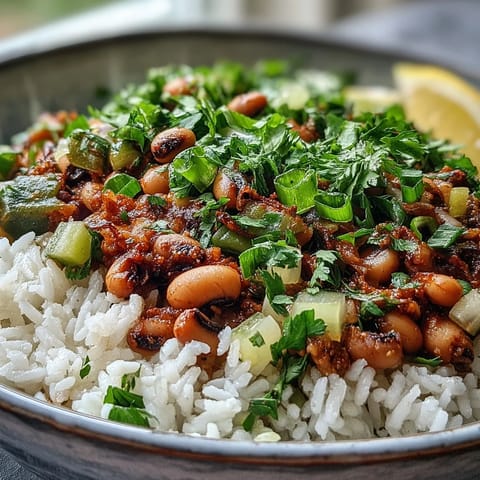A close-up of vegetarian Hoppin' John served over fluffy rice, garnished with fresh parsley and sliced green onions.