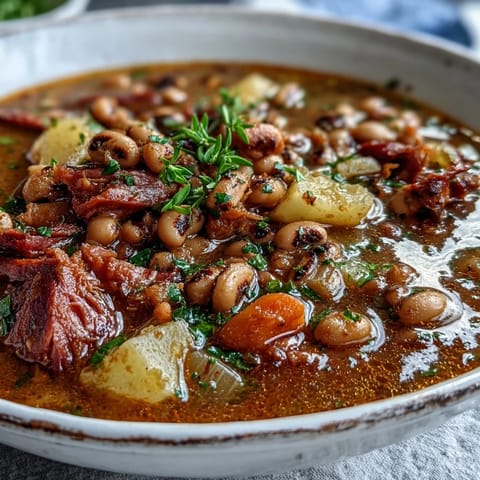 Steaming Black-Eyed Pea Stew with Smoked Ham Hocks is ladled from a pot, featuring tender peas, carrots, and potatoes in a savory broth.