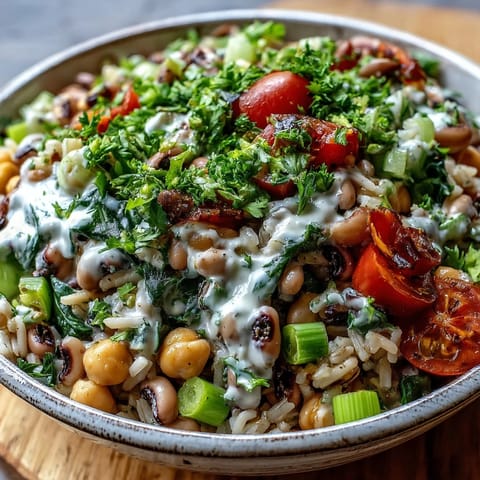 Creamy tahini dressing coats black-eyed peas and chickpeas in this festive New Years Hoppin John Salad.