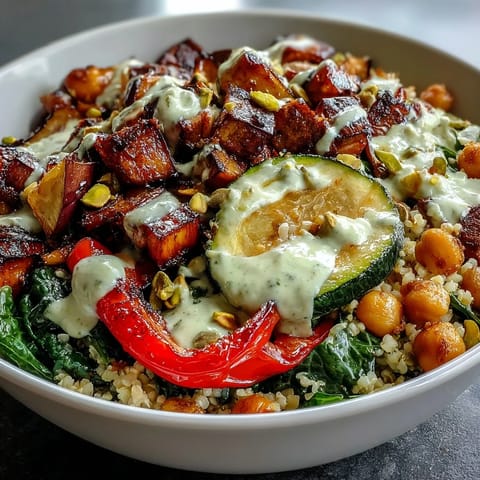 Vibrant Mediterranean Buddha Bowl Meal Prep with roasted eggplant, steamed kale, and sweet peppers, all drizzled with creamy tahini dressing for a nutritious lunch.