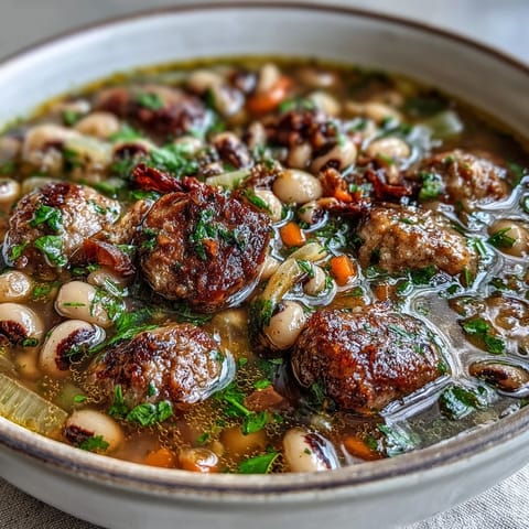 Hearty black-eyed peas and sausage soup with Italian sausage, vegetables, and savory broth in a rustic bowl.  