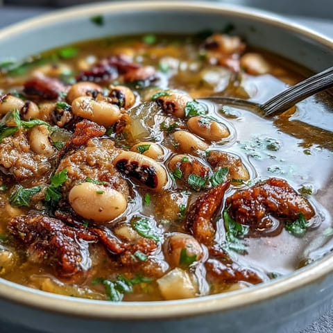 Warm and comforting black-eyed peas and sausage soup served with crusty bread and fresh parsley garnish.  