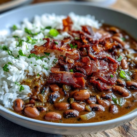 A comforting bowl of Hoppin John with smoky bacon, tender black-eyed peas, and fluffy rice, garnished with fresh scallions.