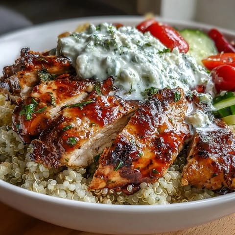 Greek Chicken Power Bowl with quinoa, cucumber, tomatoes, and creamy tzatziki sauce in a colorful, fresh presentation.