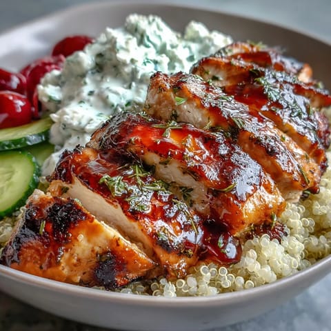 Juicy lemon-herb grilled chicken served over fluffy quinoa with crisp vegetables and a dollop of homemade tzatziki.