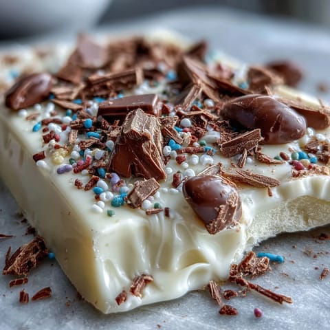 Pastel chocolate bark with Cadbury eggs, swirled with pink, yellow, and blue candy melts, topped with crunchy mini eggs and sprinkles.