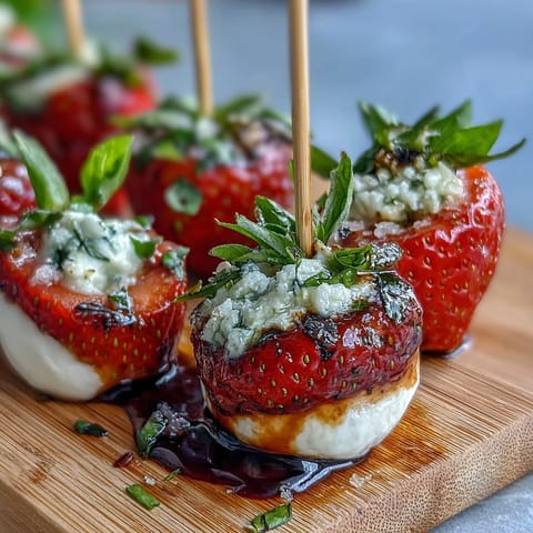 Fresh strawberry caprese skewers with mozzarella, basil, and balsamic drizzle on a wooden board.
