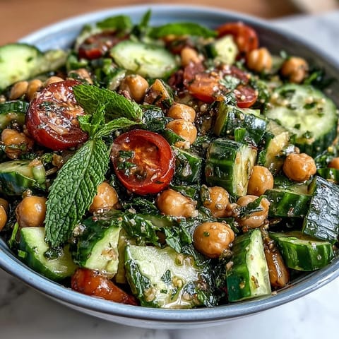 Healthy Easy Cucumber Chickpea Salad with Lemon Vinaigrette, vibrant and refreshing, with crisp cucumbers and zesty lemon dressing.  