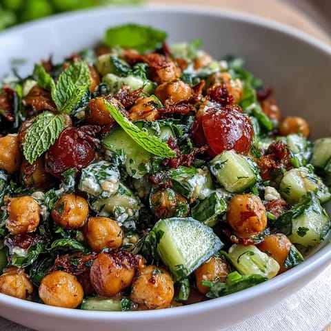 Protein-packed Mediterranean chickpea salad with fresh cucumber, cherry tomatoes, and tangy lemon vinaigrette, perfect for lunch.  