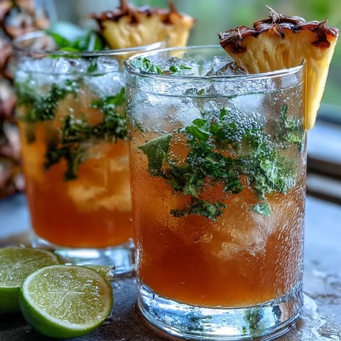 Refreshing pineapple basil agua fresca with juicy pineapple chunks and vibrant green basil leaves, served over ice with a lime wedge.